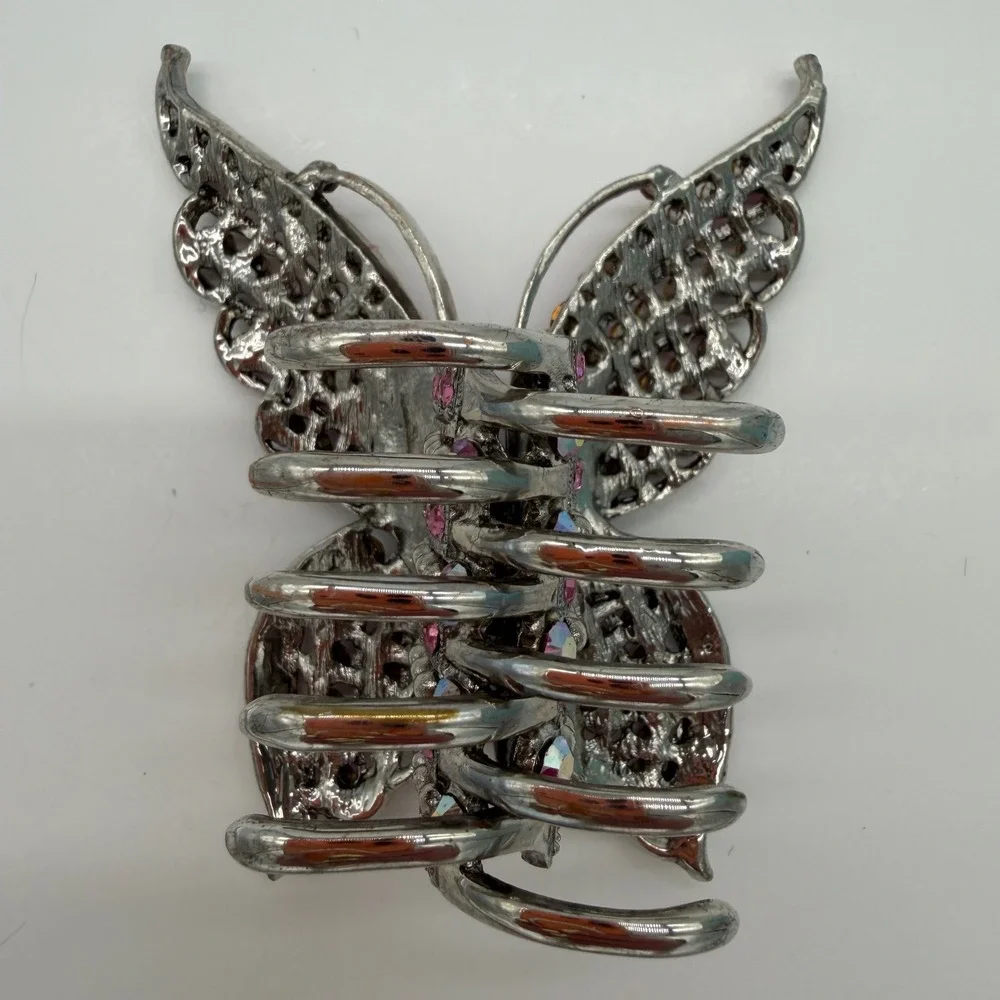 Vintage Butterfly Hair Claw Clip Pink AB Rhinestone Silver Tone Y2K